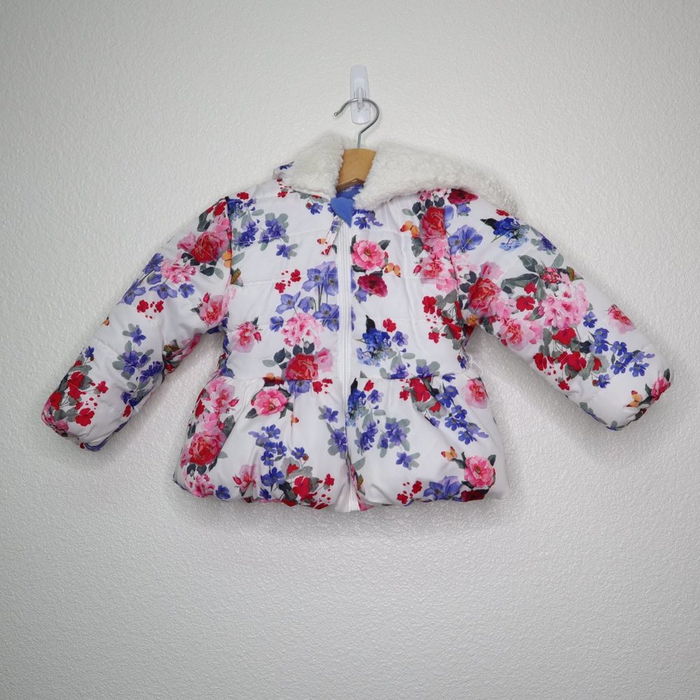 Rothschild Girls Puffer Jacket sz 24 months with fur lined hood floral pre-owned